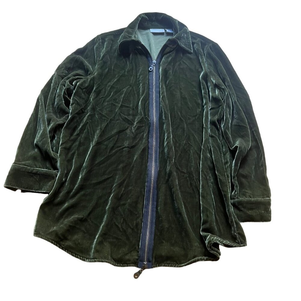 Olive Green Crushed Velvet Silk Soft Surroundings Size S Zip-Up Relaxed Jacket
